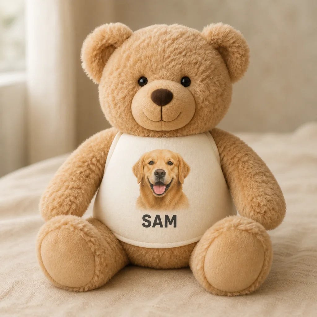 Gepersonaliseerde teddybeer met een eigen foto en tekst
