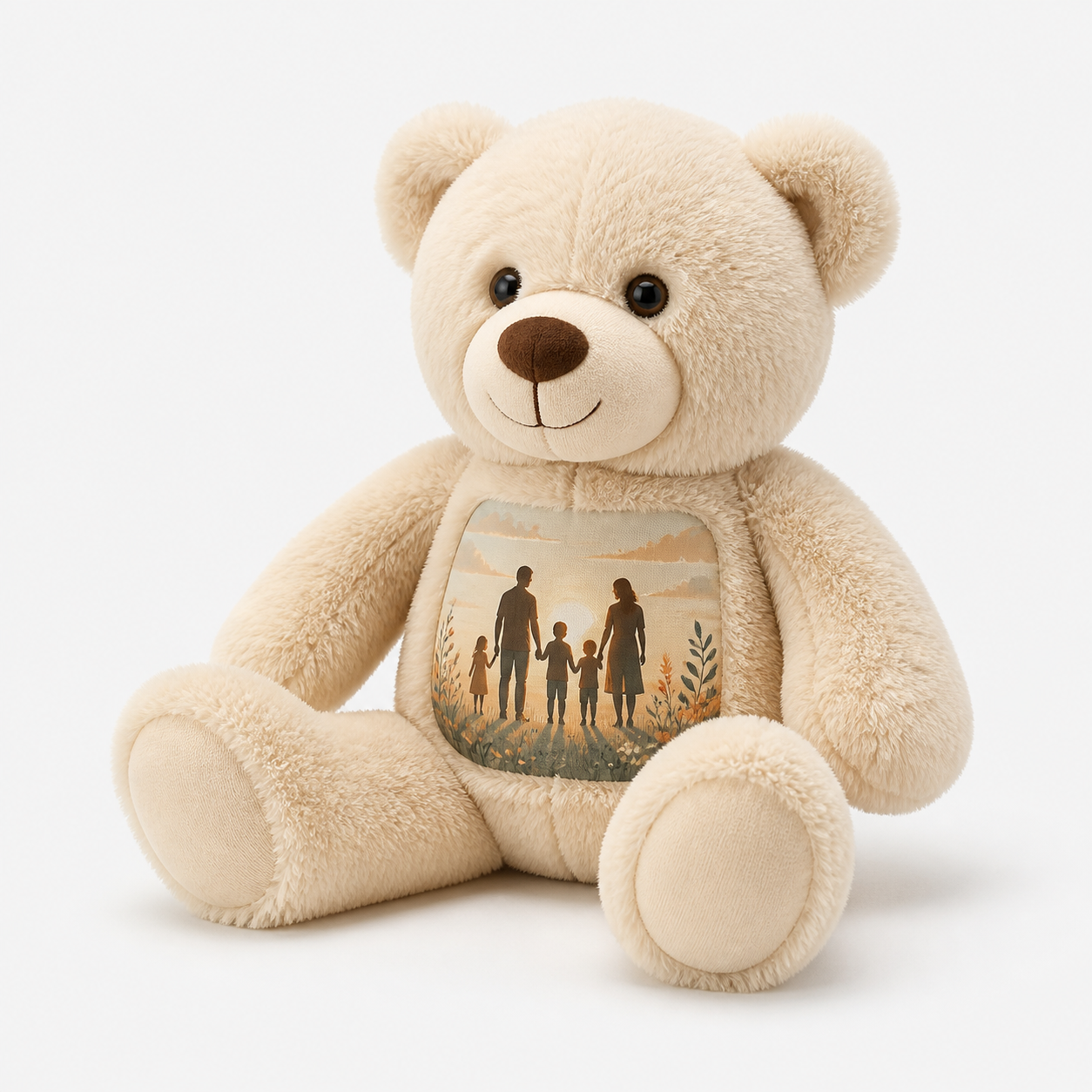Zachte teddybeer met een persoonlijke foto op de buik