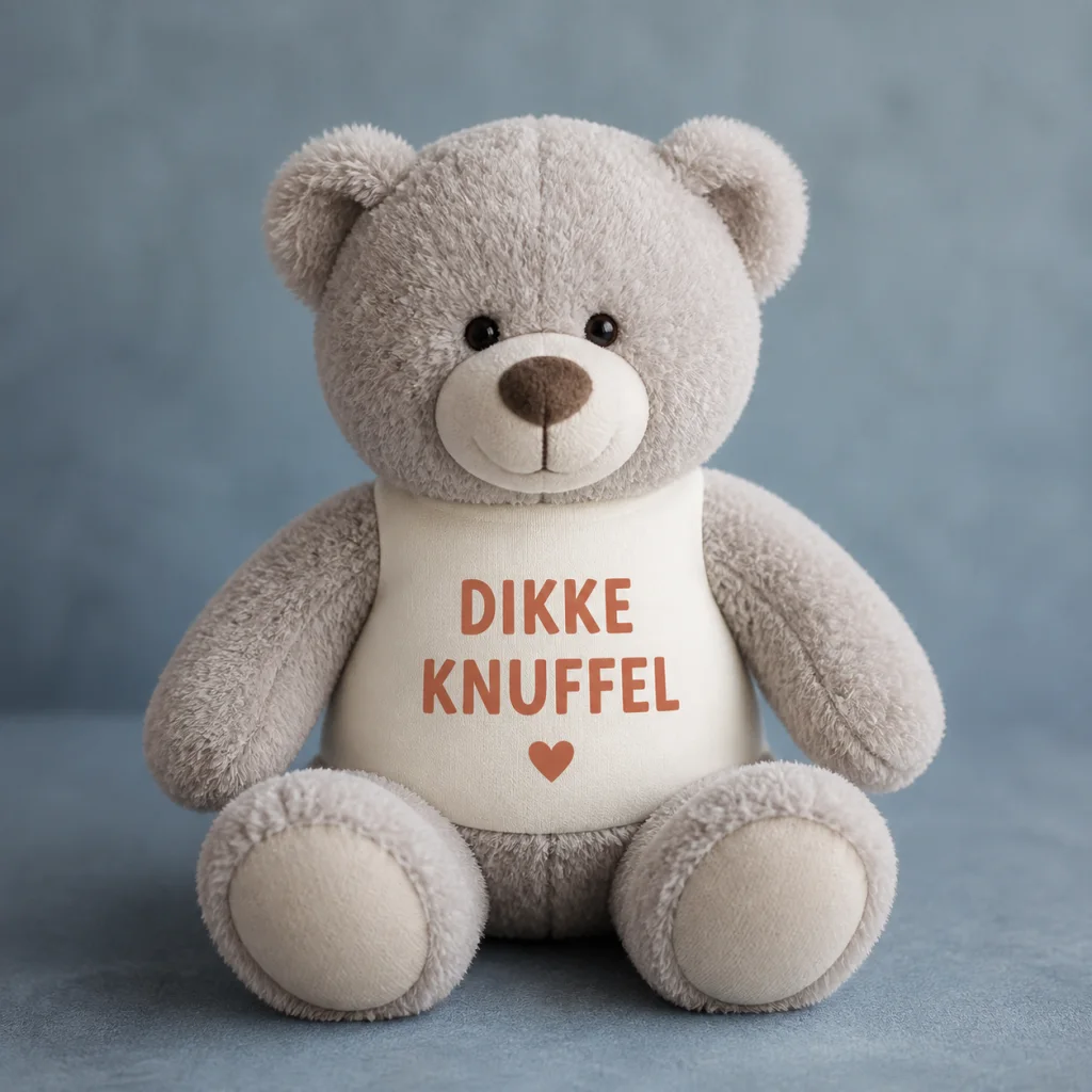 Teddybeer bedrukt met de tekst Dikke knuffel