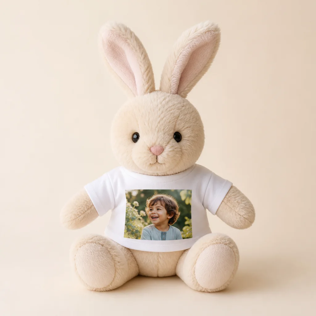 Knuffelkonijn bedrukt met een persoonlijke foto